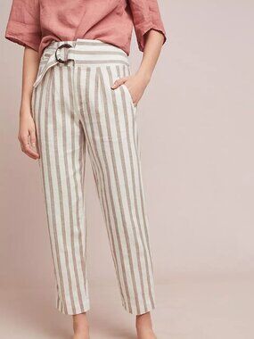 Anthropologie Oasis Striped Linen Blend Pants with D-Ring Belt EUC, Size 16